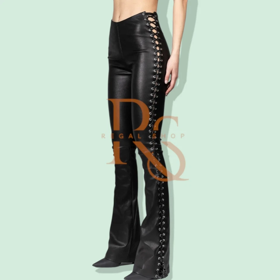 Pantalón de cuero negro para mujer Pantalón de cuero genuino de piel de cordero estilo con cordones Foto 4 de 4
