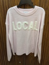 Hooked Up Knit Pullover Sweater Pink Textured Letters Crew Neck Size M