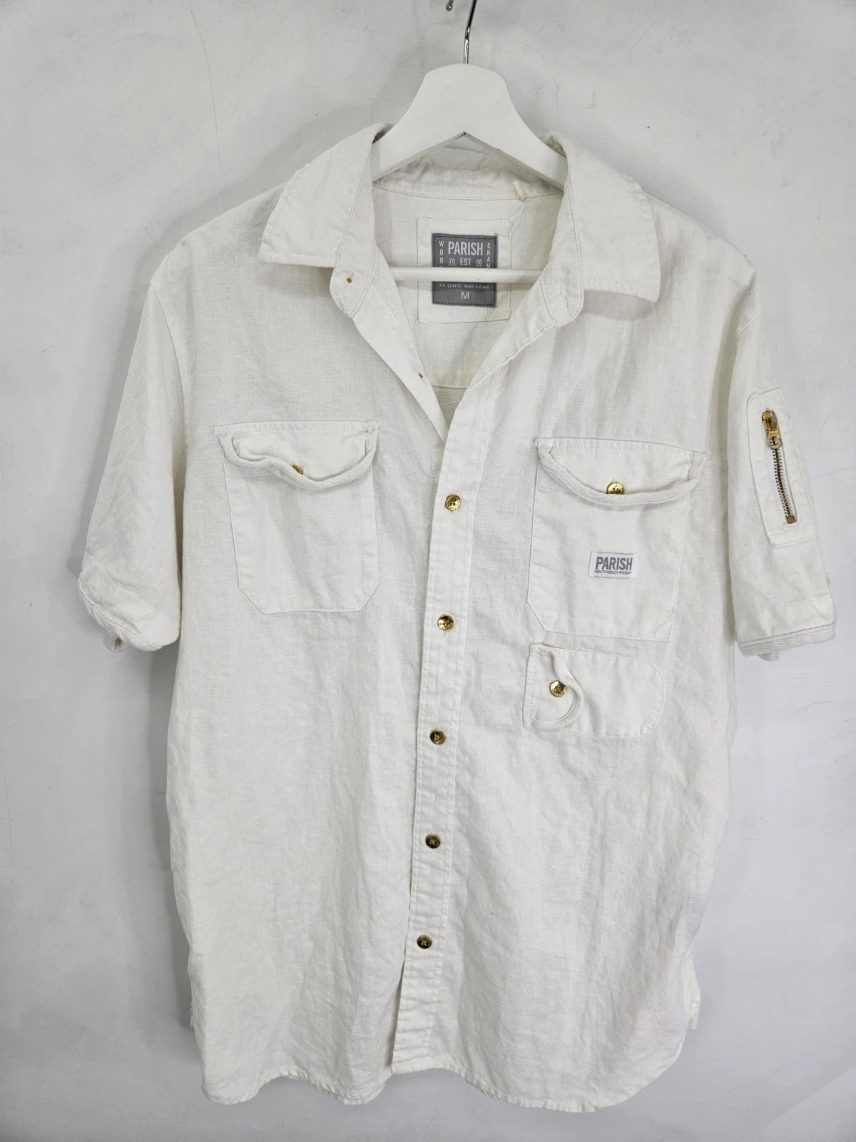Parish Nation Button Shirt Mens Size M Cream Linen Blend Short Sleeve Beach Wear