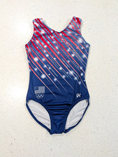 USA TEAM GK ELITE Gymnastics Dance Leotard AS Small USA PATRIOTIC Olympic RINGS