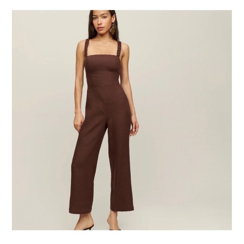 Reformation Brown Linen Square Neck Wide Leg Jumpsuit Size 4