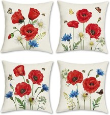 Bonhause Poppy Floral Cushion Covers 45 x 45 cm Spring Red Flower Decorative Th