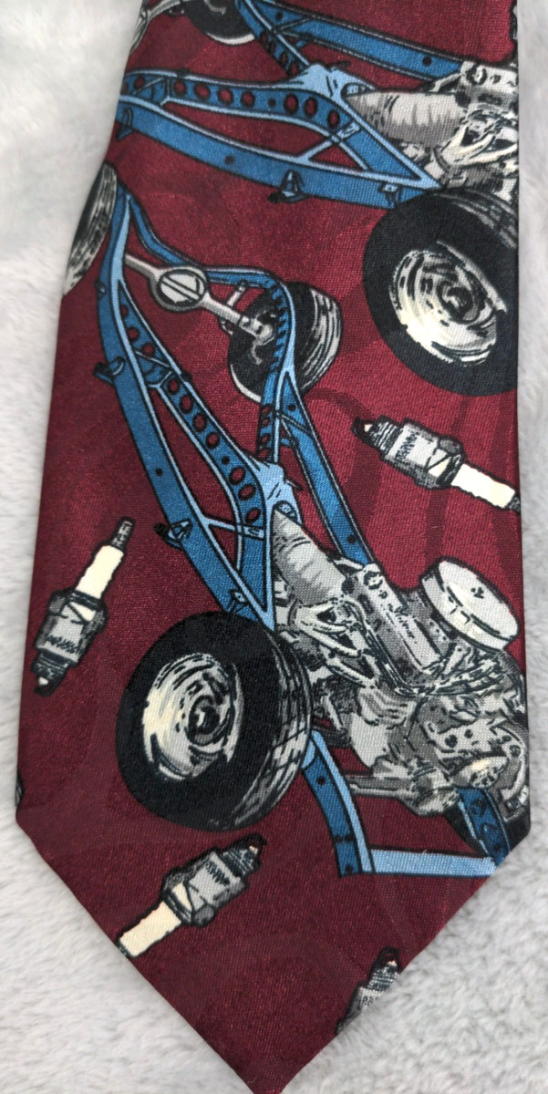 VTG 90's Home Improvement TV Show Novelty Tie Burgundy Automotive Spark Plugs View 2