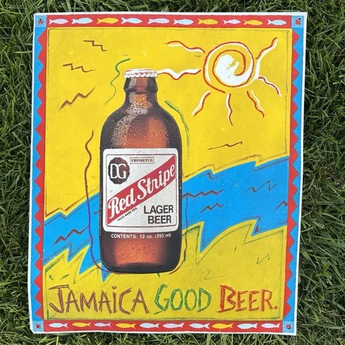 Vintage Red Stripe Beer Bottle Embossed Tin Sign Jamaica Man Cave Bar Room 24x20