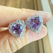 925 Sterling Silver Earrings 6mm Heart Natural Amethyst Gemstone Zircon Jewelry
