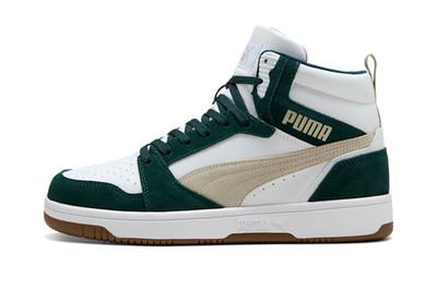 MENS PUMA REBOUND V6 SD SUEDE WHITE GREEN BROWN BASKETBALL GYM ATHLETIC SHOES