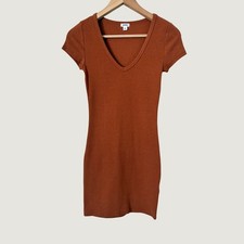 Garage Women Rust Orange Ribbed V-Neck Short Sleeve Bodycon Mini Dress Small