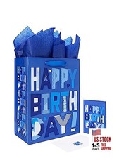 13" Large Blue Gift Bags Set with Greeting Card and Tissue Papers Blue Happy