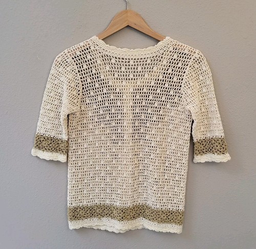 VTG Hand Crochet Knit Button Up Cardigan Fits XS/S Cream Tan Short Sleeve - Picture 8 of 11