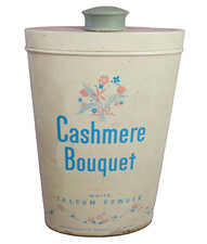 Cashmere Bouquet Talcum Powder Vintage Tin Colgate Palmolive White Blue Pink USA