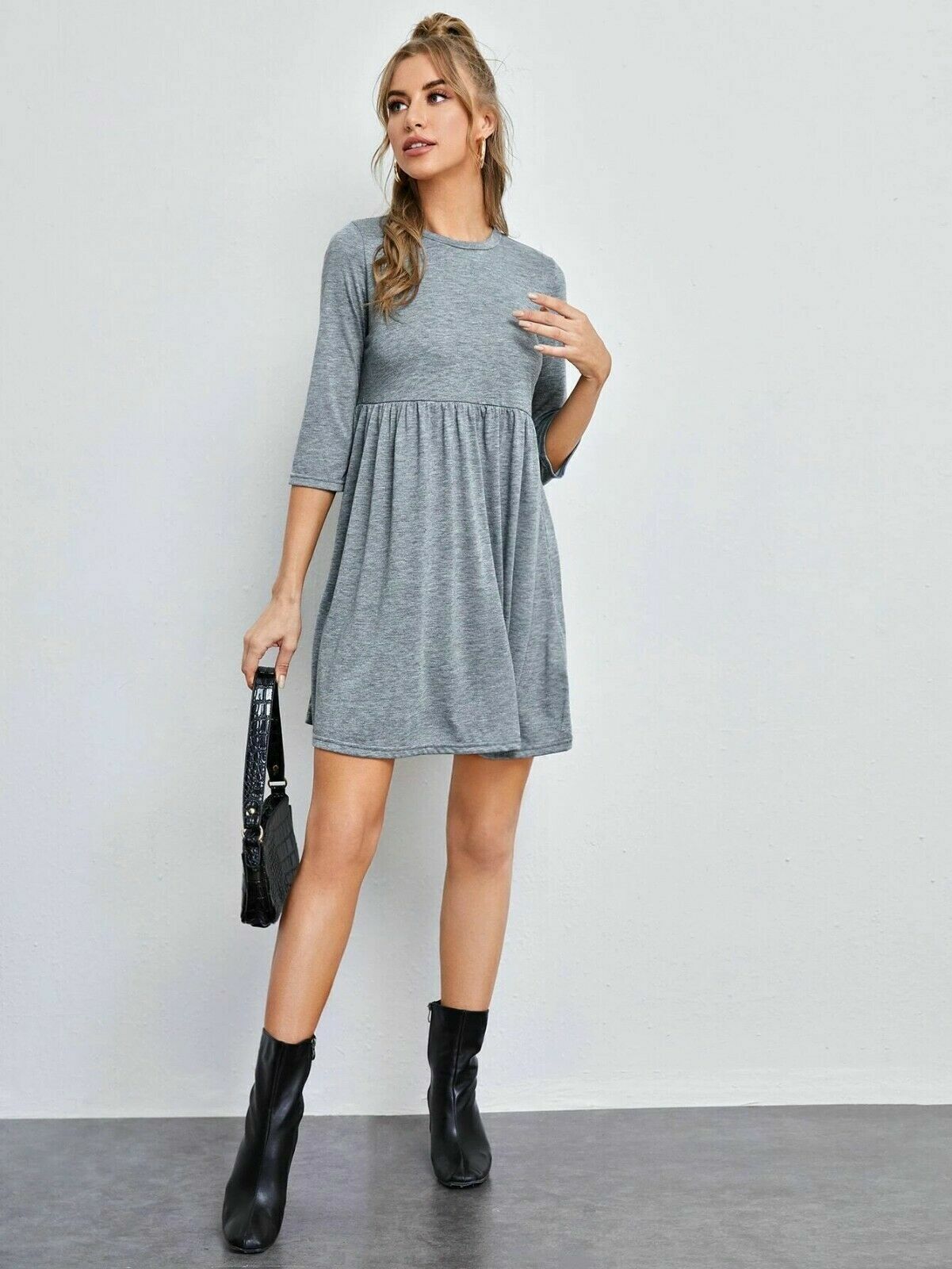 Womens Ladies Plain Jersey Grey Swing Dress Casual Long Sleeve Mini Dress Skater eBay