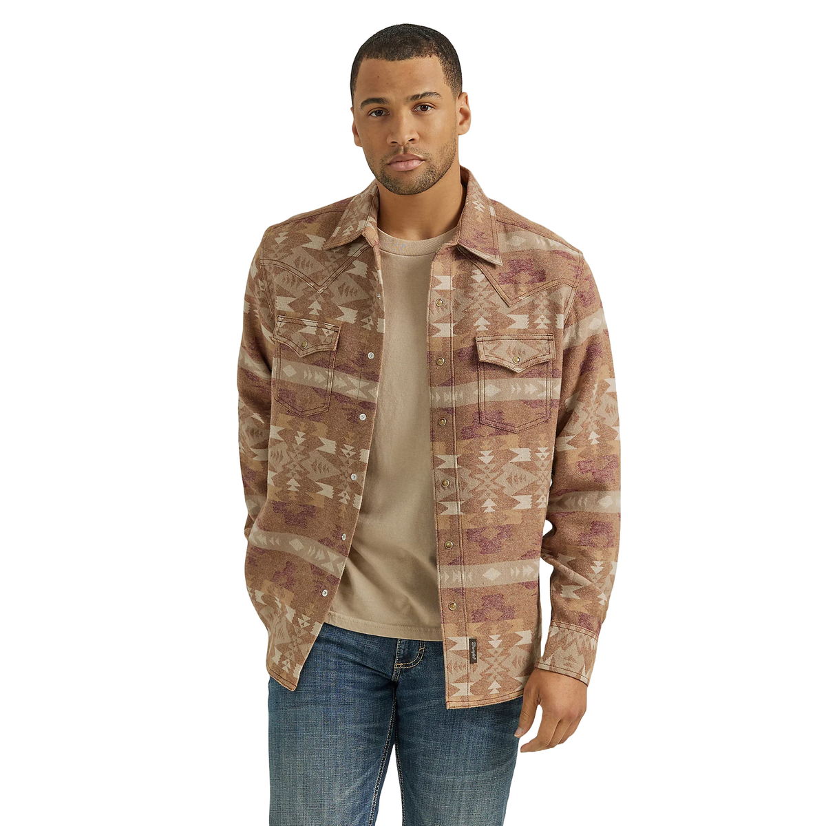 Wrangler Men's Retro Premium Brown Aztec Snap Shirt Jacket