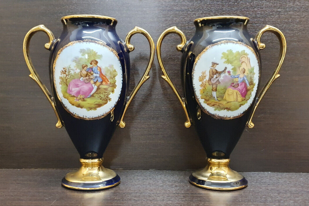 Pair of Vintage Cobalt Blue LImoges Castel 22K gold Twin Handle Vases