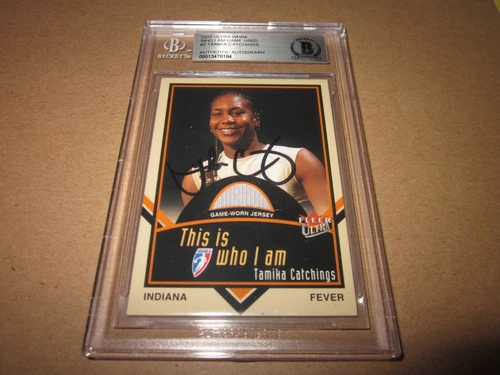TAMIKA CATCHINGS SIGNED AUTO 2003 ULTRA WNBA GAME USED JERSEY CARD BECKETT SLAB 