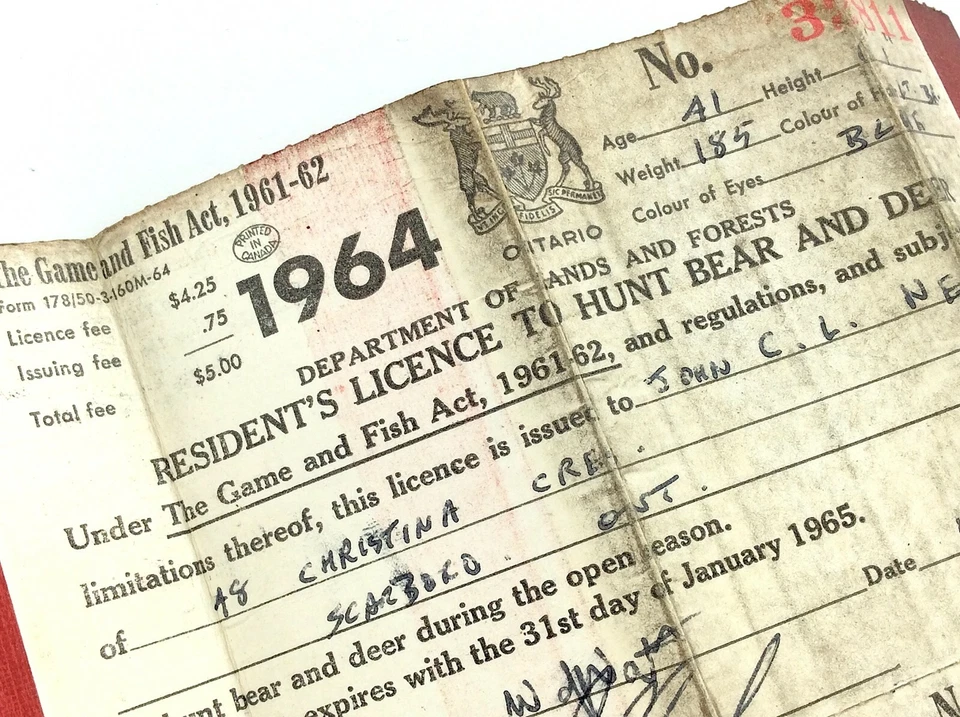 Licencia de Residentes para Cazar Osos y Ciervos 1964 Ontario Canadá Juego y Peces L457 Foto 3 de 4