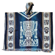 Alpaca Wool Hooded Poncho Unisex Aztec Figures All Seasons Hippie