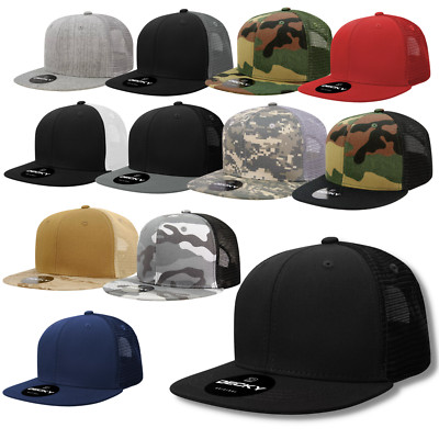 Flat Bill Snapback Trucker Cap   Solid Blank Plain Mesh Baseball Hat (Decky)