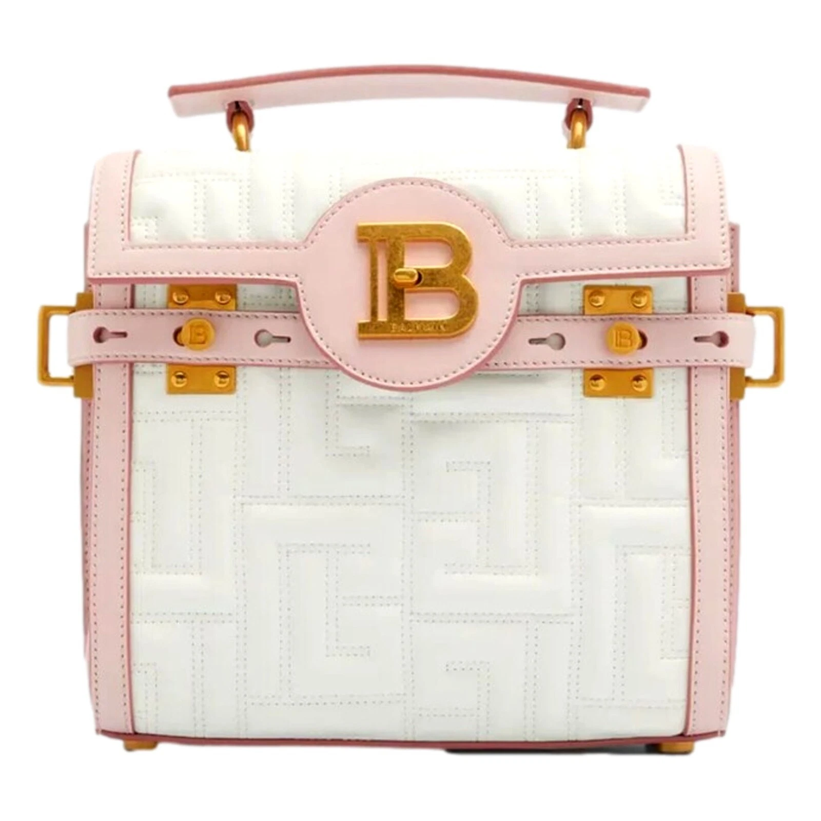 Balmain — New Balmain B-Buzz 23 Pink White Tote Crossbody Shoulder Bag Quilted Leather