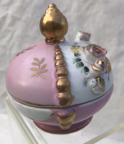 Vtg Porcelain Candy Trinket Dish Pink Roses Gold Pedestal Finial Lid Edwardian - Picture 6 of 14