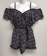 Xhilaration Women  s Floral Off Shoulder Fringed Romper Size Small Multicolored