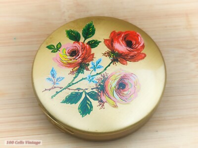 Rustic floral gold tone -Vintage Make Up/Powder Mirror Compact-0ma