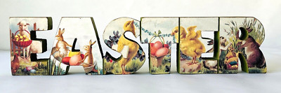 Easter Wood Table Shelf Decoration Bunny Chick Duck Bird Lamb Pictures 12-7/8''
