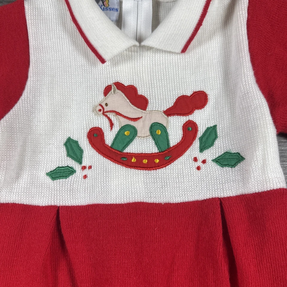 Mameluco rojo vintage para bebés niños vacaciones Navidad 6-9 meses caballo mecedor cremallera Foto 2 de 4