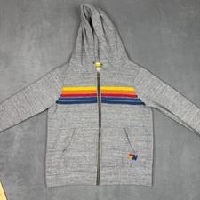 Aviator Nation 5 Stripe Zip Hoodie Heather Gray Retro Rainbow XS Made in USA