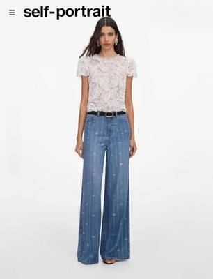 Self Portrait JEANS RHINESTONE STRIPE DENIM Size 28 LIGHT BLUE $ 520