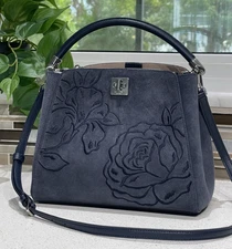 KATE SPADE PHOEBE MEDIUM SATCHEL SUEDE BUCKET GRAY NAVY BLUE FLORAL EMBROIDERY