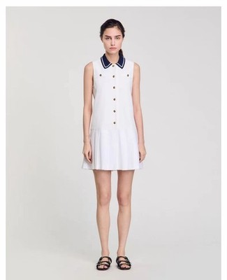 Sandro white Lapel contrasting color pleated sleeveless vest Dresses