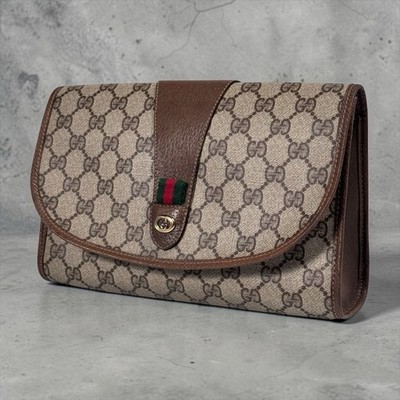 GUCCI Sherry Line GG Supreme Clutch Bag Web Stripe PVC Leather Vintage Authentic
