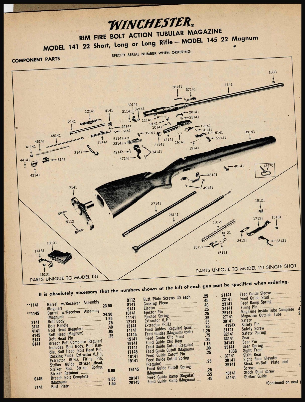 1964 WINCHESTER 141 Rimfire  Bolt Action  Tubular  Rifle  Schematic parts  list
