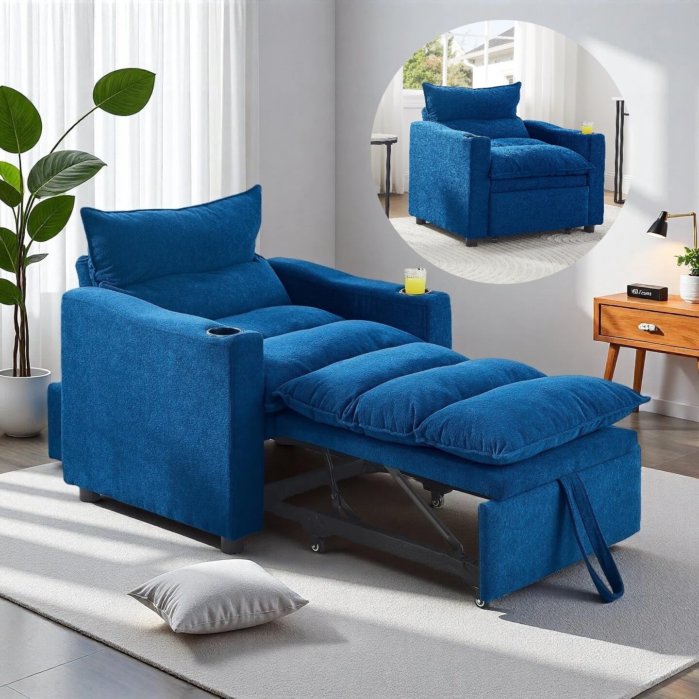 3-in-1 Convertible Sleeper Chair, Pullout Sofa Bed with Cup Holders, Lazy Sof...