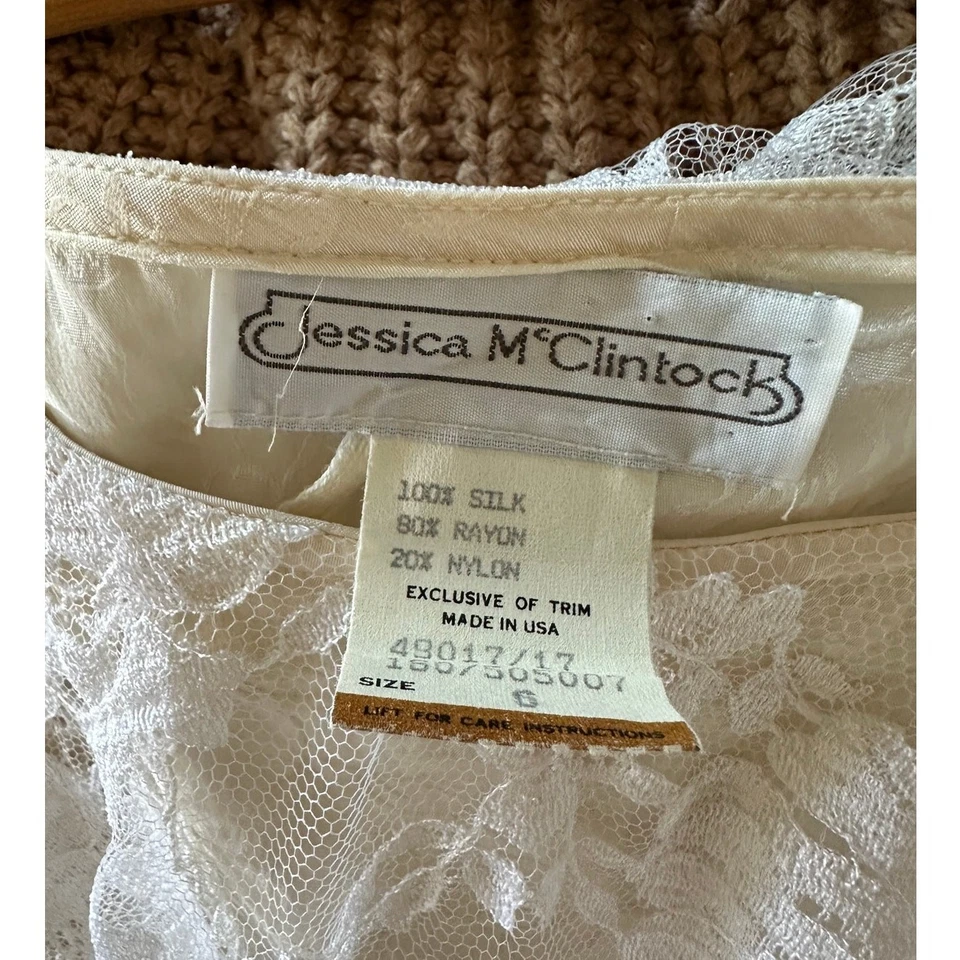 Vestido De Colección Años 80 Jessica McClintock Seda Blanco Crema Encaje Moderno Talla 6-8 Coqueta Foto 4 de 4