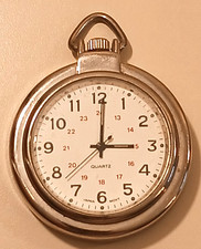 Silver Tone Quartz Pocket Watch Japan Movt Large Black Arabic Numbers Timepiece