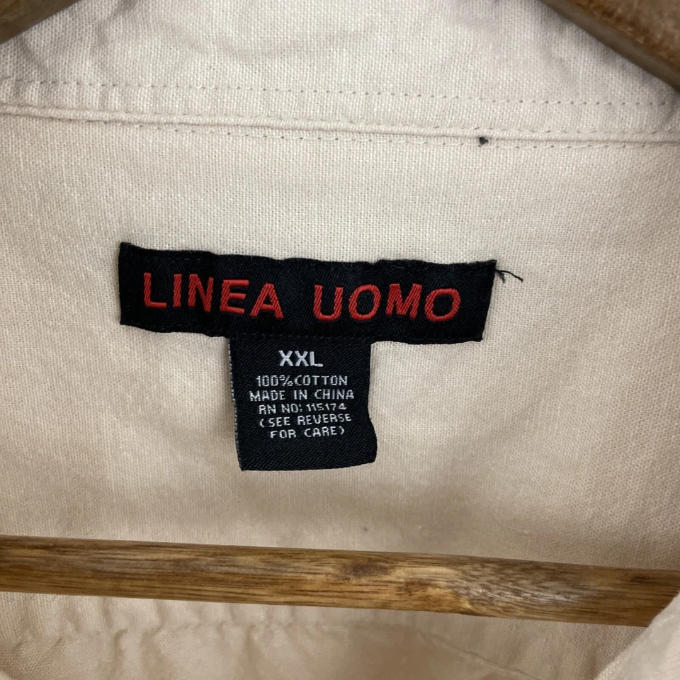 LINEA UOMO Shirt Mens 2XL XXL Beige Short Sleeve Button 2 Pockets Cotton - Image 3 of 4
