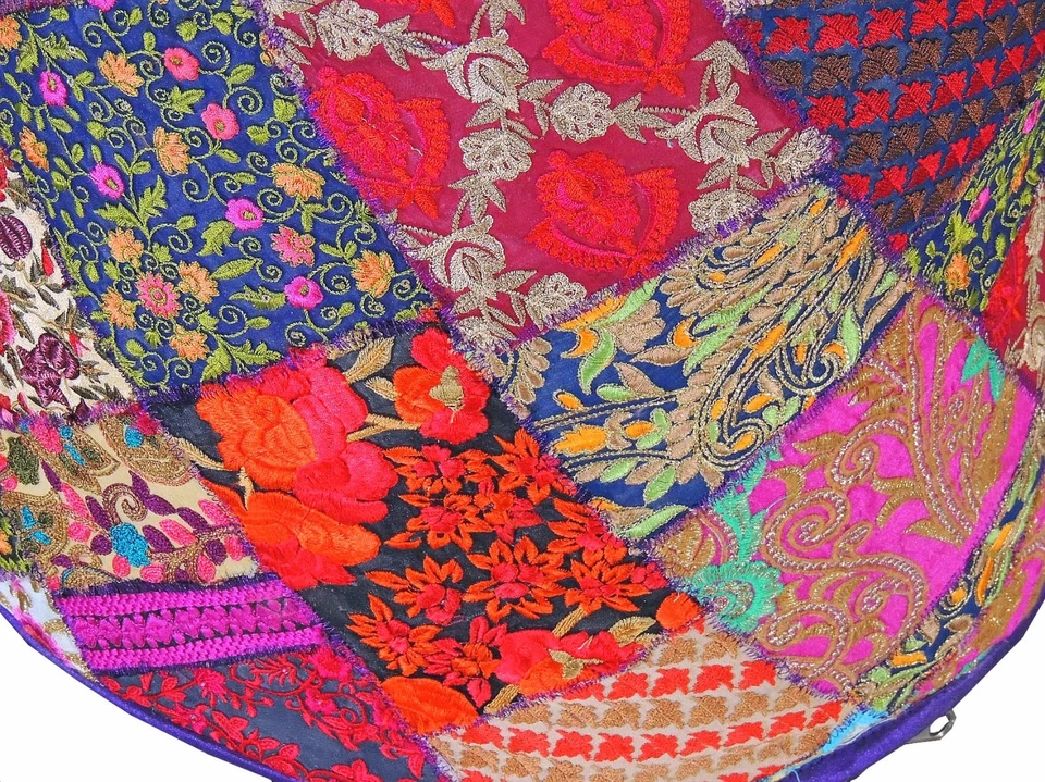 Bohemian Embroidered Round Pouf Floor Seat Cover - Traditional Large Ottoman 18" - Image 4 of 4