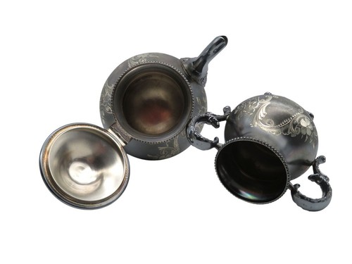 Antico set da tè Adelphi Silver Co piatto quadruplo ornato inciso floreale 4 pezzi - Foto 6 di 11