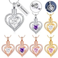 Crystal Heart in Heart Urn Pendant Necklace for Cremation Ashes Memorial Jewelry