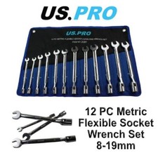US PRO 12pc Flexi Head Socket / Open End Wrench Spanner Set 8 - 19mm 2081