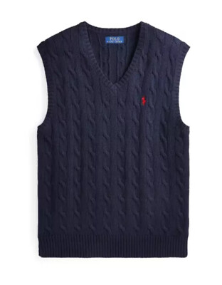 Polo Ralph Lauren ネイビー Vネック ベスト NWT Polo Ralph Lauren Solid NAVY BLUE 100% Cotton Cable Knit V