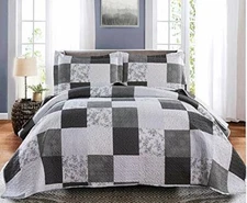 QUILT SET Bedspread Coverlet Plaid Patchwork Gray Floral Plaid King JESSY HOME