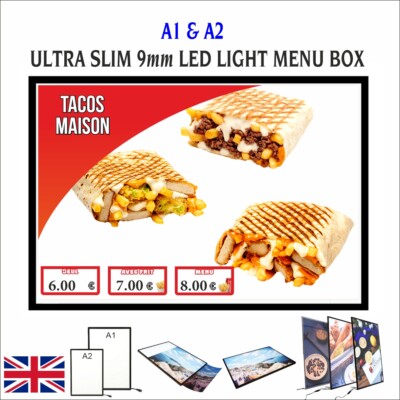 9 mm, LED Slim Werbung Leuchtkasten Schild Wandmontage Poster Menütafel RahmenA1/A2