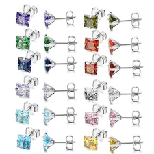 24pcs Stainless Steel Square CZ Cubic Zirconia Ear Stud Earrings Men Women 3-7mm