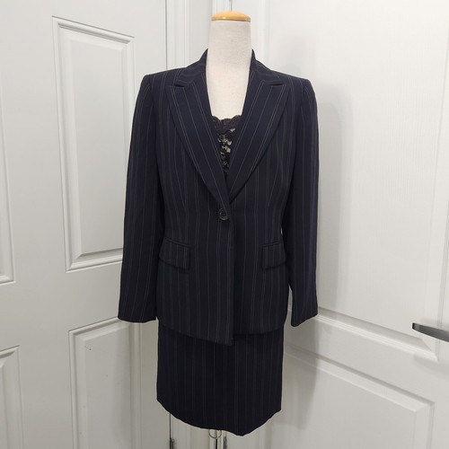 KASPER Blazer Skirt Women's 10 Petite Pinstripe 2 Piece Suit Navy Blue Career - Picture 2 of 21
