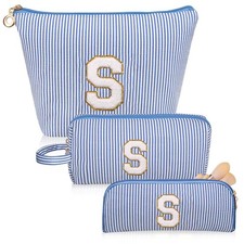 Initials Makeup Bag Set, Personalized Blue Cosmetic Bag, Cute Large Make up B...