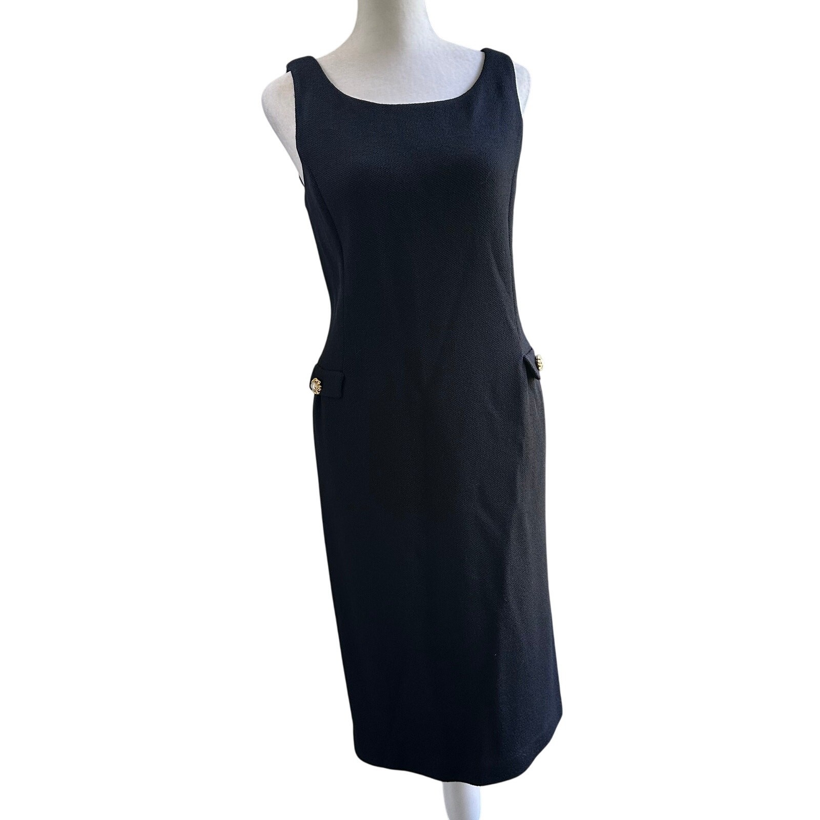 St. John Couture Sz 6 Medium Santana Knit Knee Elegant Sheath Dress Gold Button