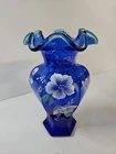1998 Signed Bill FENTON Cobalt Blue Green Trim 75th Celebration Hexagonal Vase