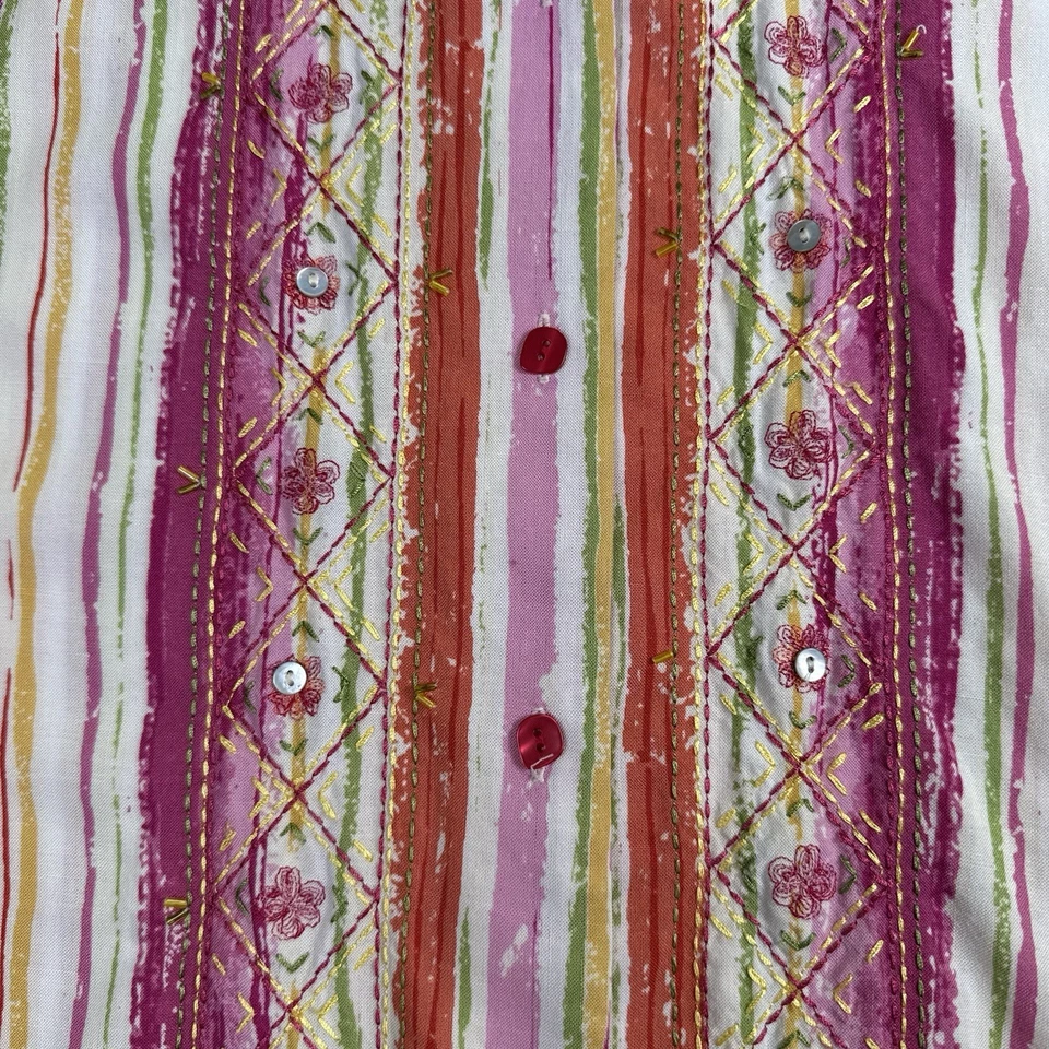 Blusa túnica bordada vintage camisa para mujer XL mezcla de lino rosa a rayas lengüeta enrollable Foto 2 de 4